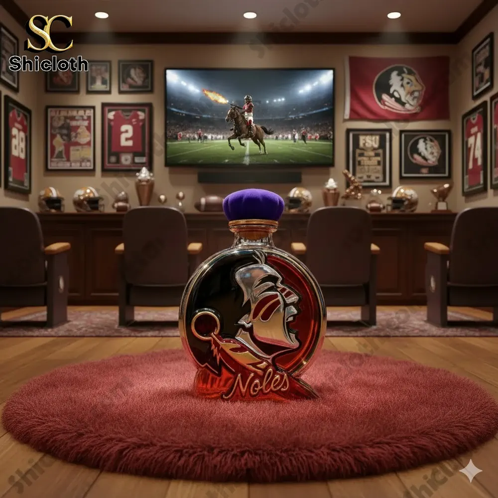 A decorative bottle with a team logo placed on a rug in a football themed room.