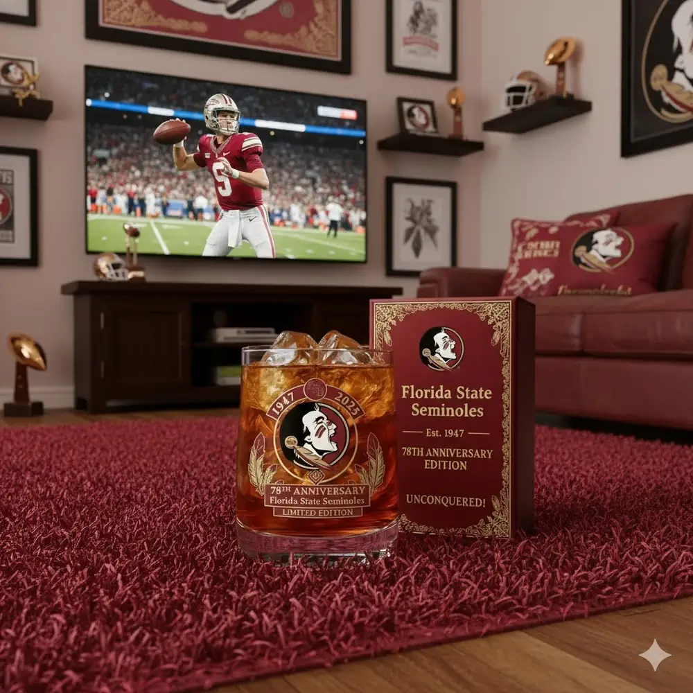 A commemorative Florida State Seminoles glass and box placed on a red carpet with a television showing a football player in the background.