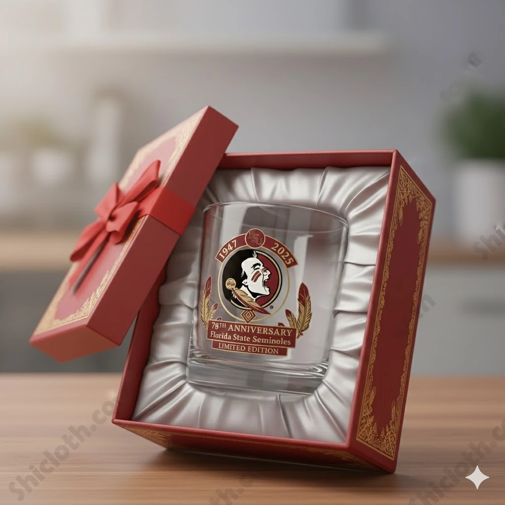 A Florida State Seminoles anniversary glass displayed inside an elegant red gift box with satin lining.