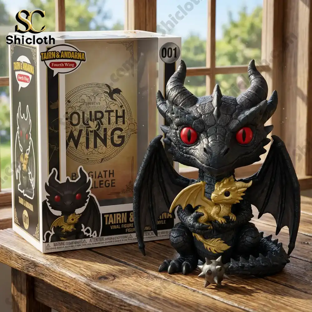A black dragon figure holding a small gold dragon beside a display box!