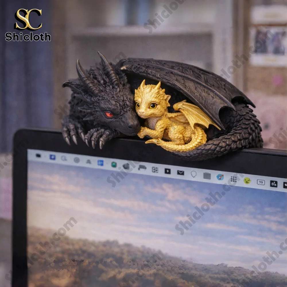 Dual dragon fantasy figurine resting on monitor edge!