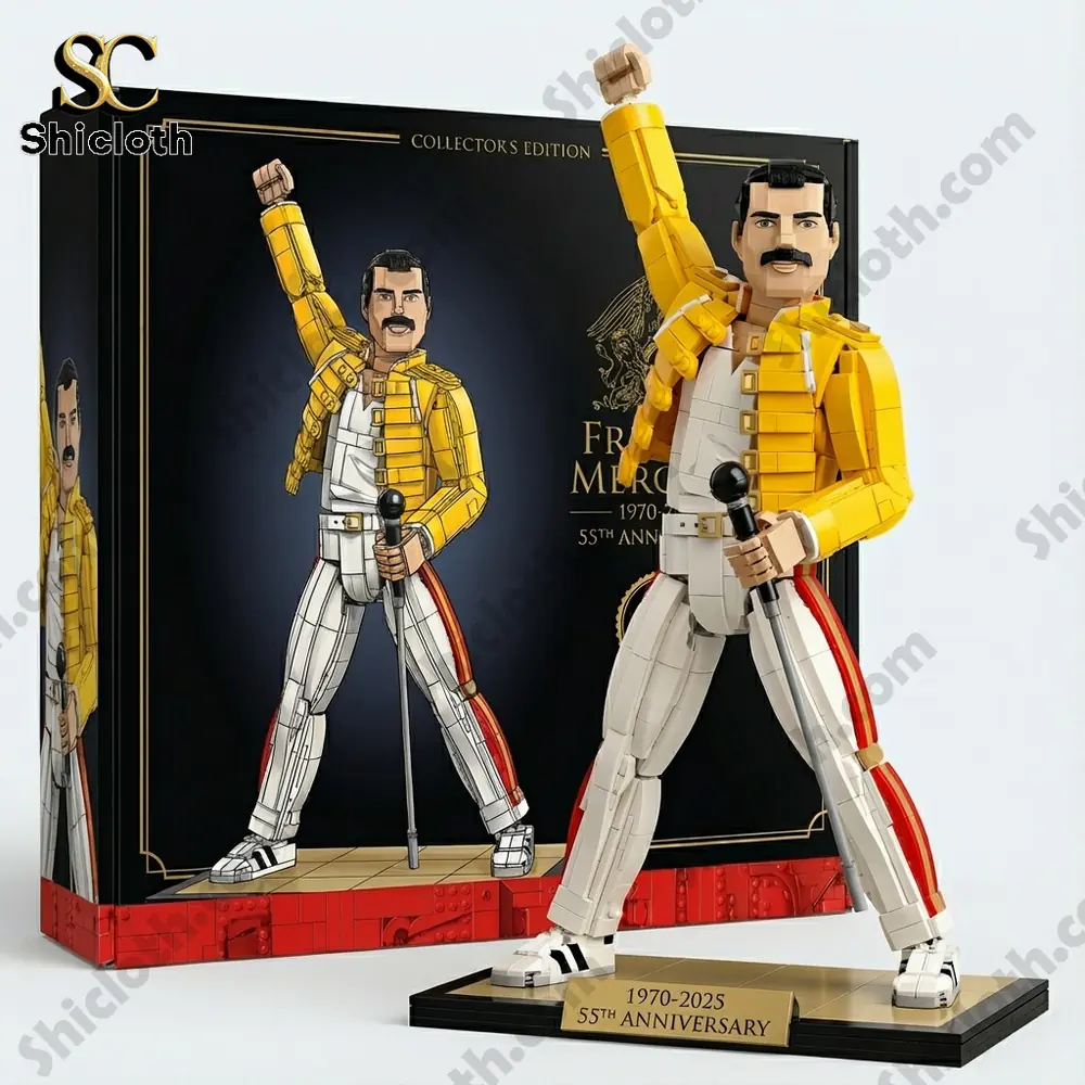 A brick model of a singer in a yellow jacket and white pants raising one arm with a microphone on a stand!