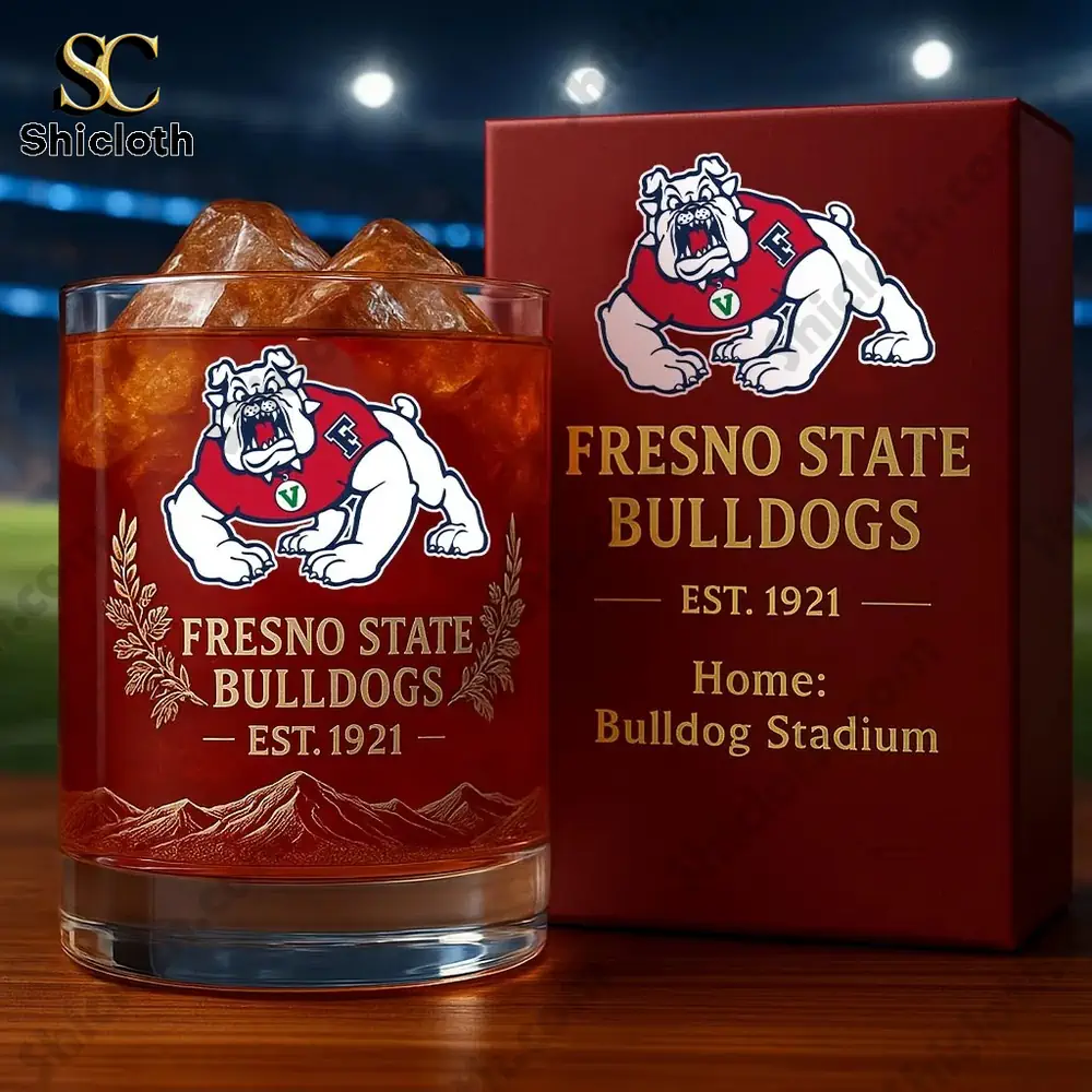 Fresno State Bulldogs whiskey glass with box on stadium table!