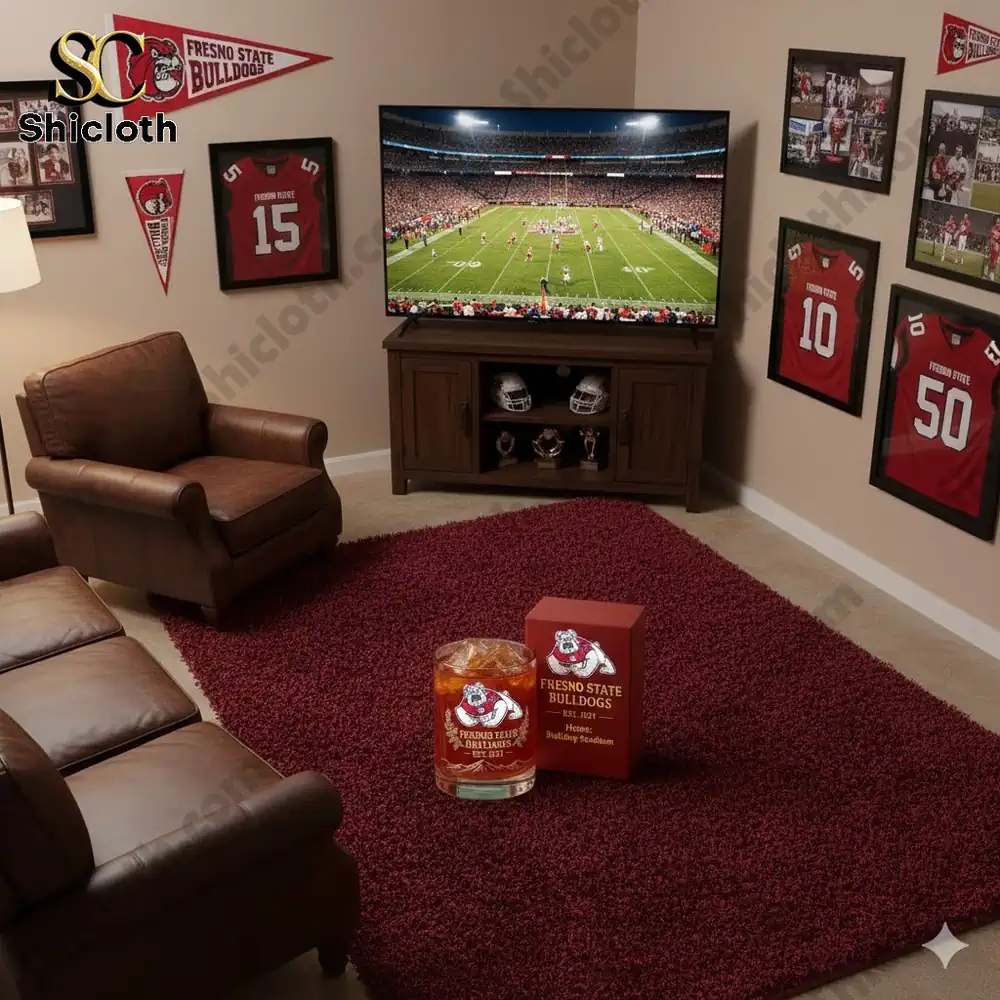 Fresno State Bulldogs themed living room with whiskey glass and box!