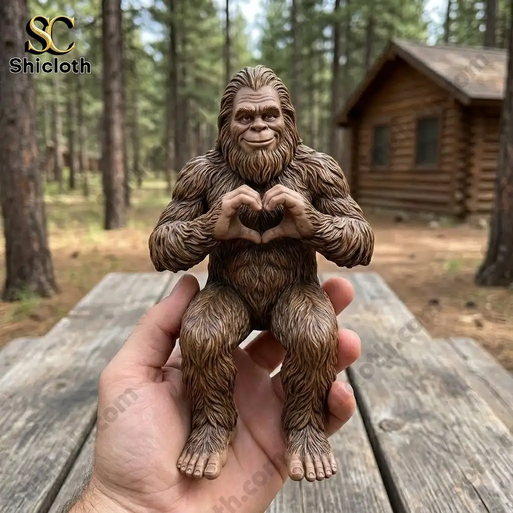 Bigfoot style figurine held in hand outdoors near wooden cabin!
