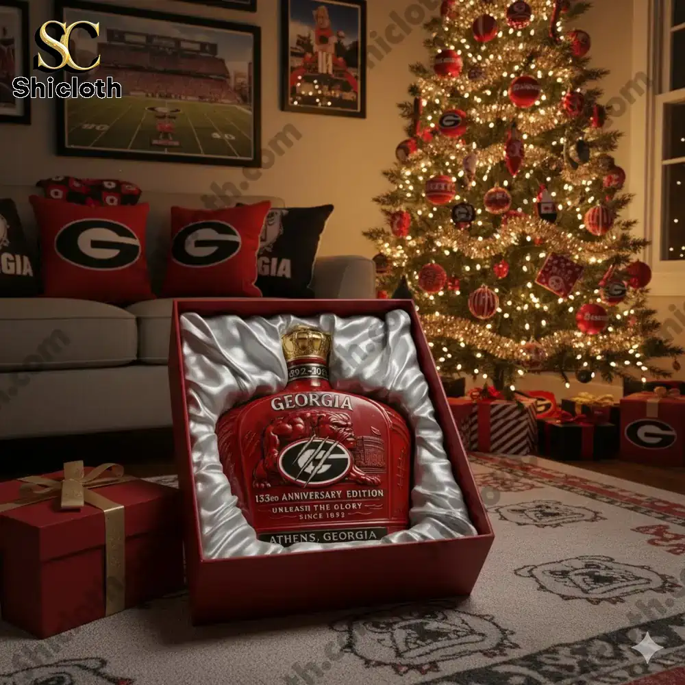 A Georgia Bulldogs anniversary bottle displayed in a gift box in a living room decorated for Christmas with team themed items!