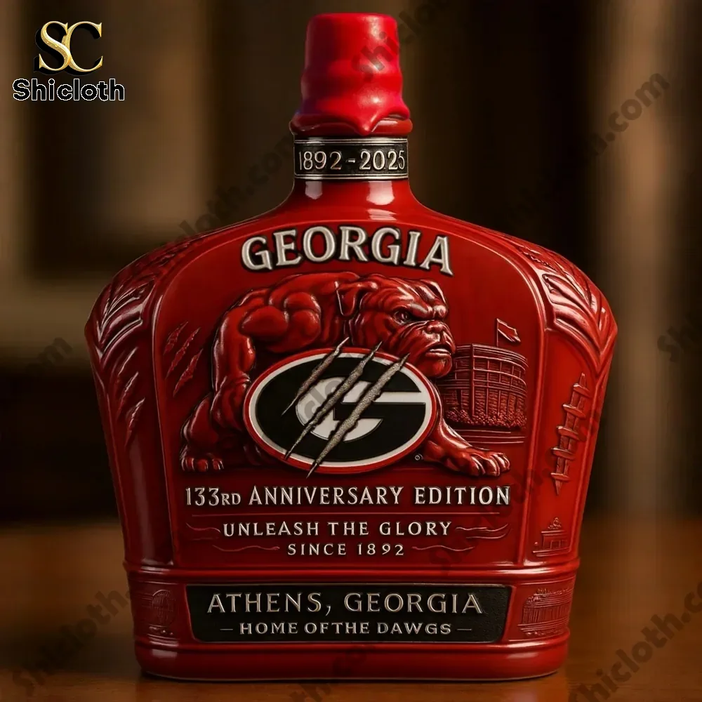 Georgia Bulldogs 133rd Anniversary Christmas Gift Whiskey Bottle 3 A red Georgia Bulldogs anniversary bottle with a matching red cap and embossed Bulldog artwork!