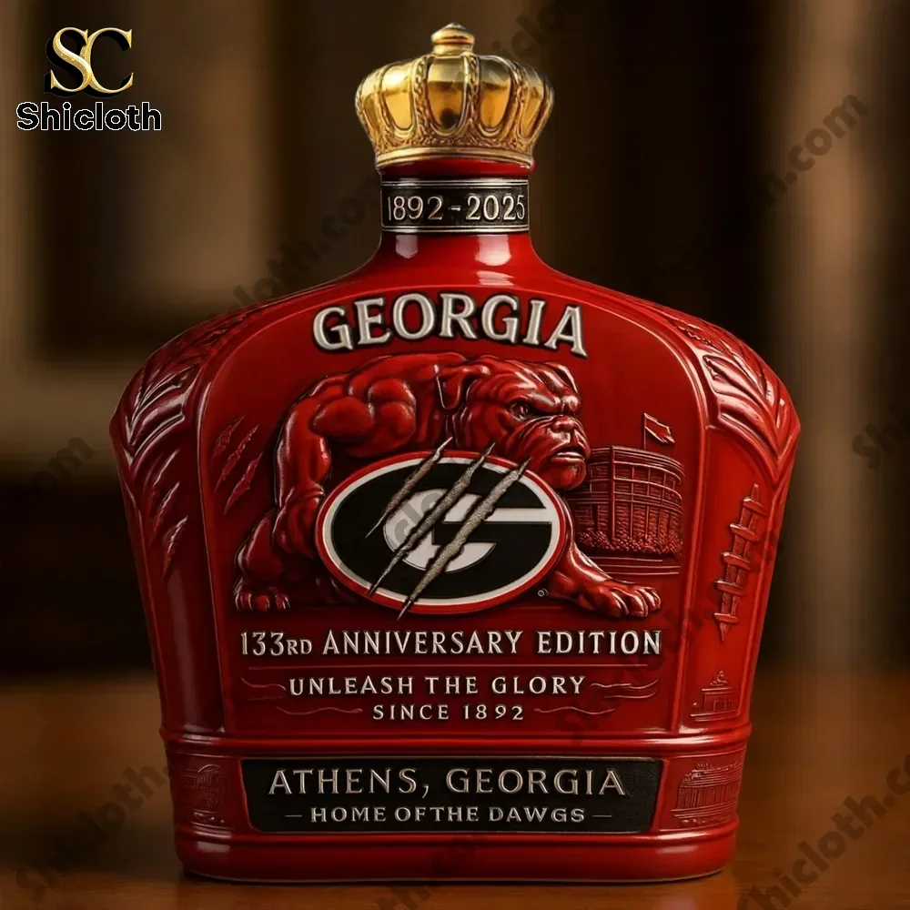 Georgia Bulldogs 133rd Anniversary Christmas Gift Whiskey Bottle 4 A red Georgia Bulldogs anniversary bottle topped with a gold crown style cap and detailed embossed imagery!