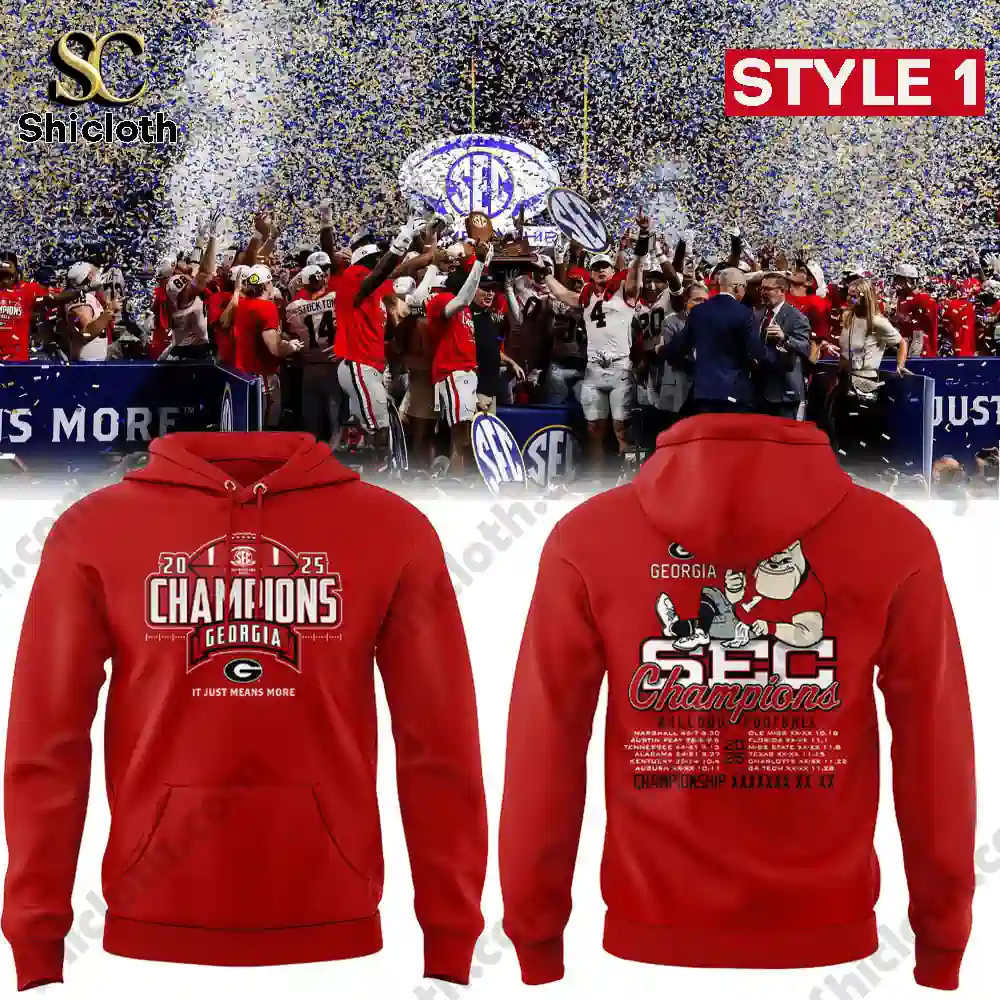Red Georgia champions hoodie front and back shown with a team celebration scene in the background!