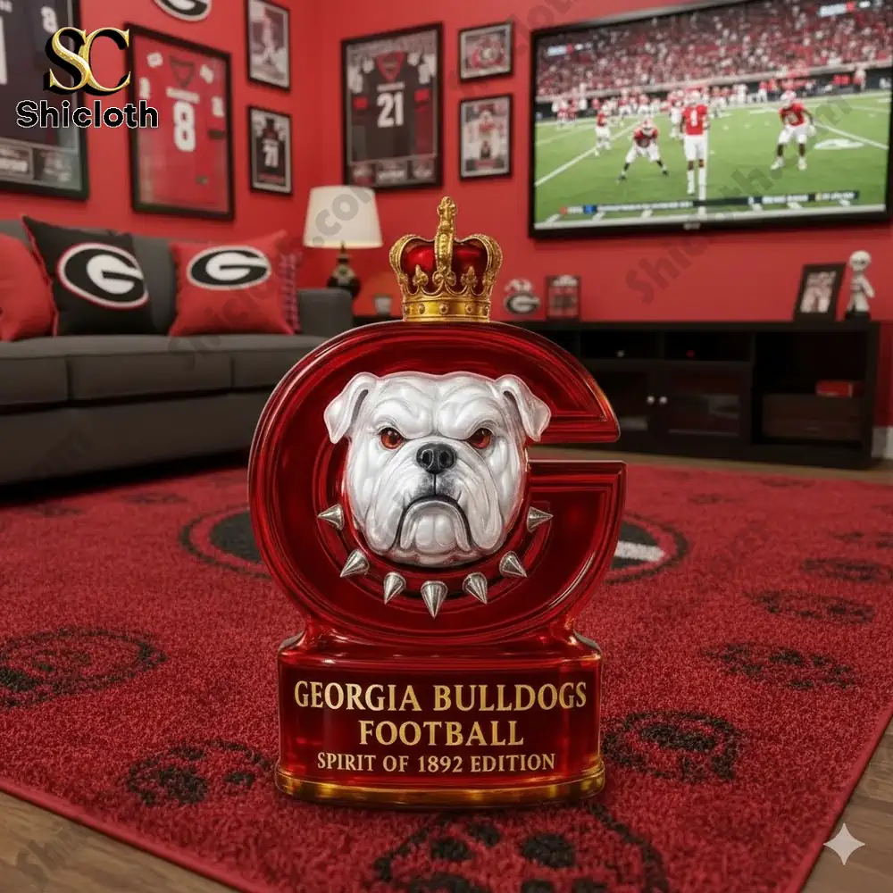 Red Georgia Bulldogs display statue in a team themed room with game on television!