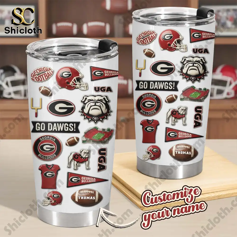 Georgia Bulldogs football tumbler cups displayed on a table!