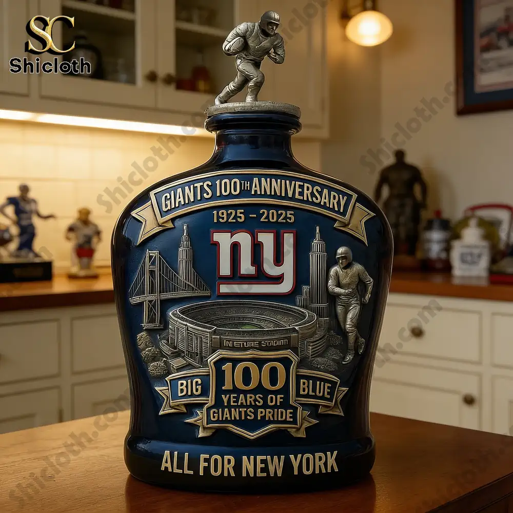 New York Giants anniversary bottle close up on table!