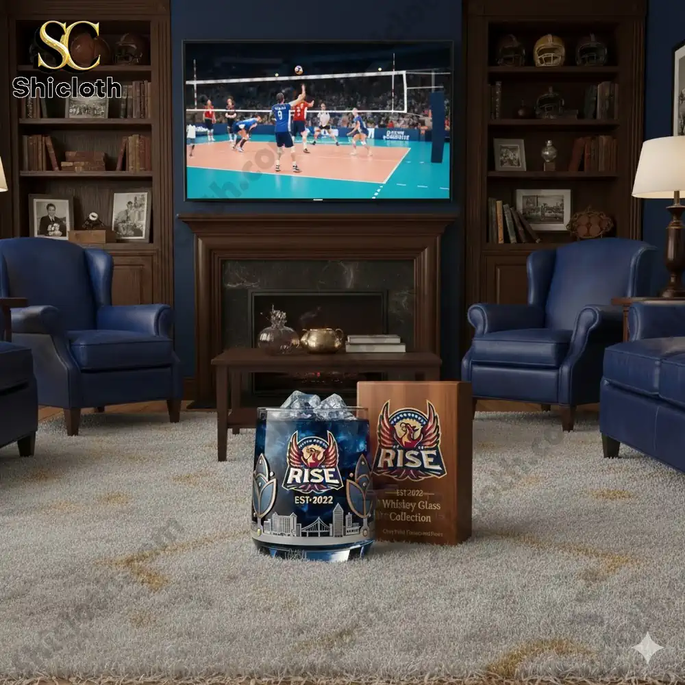 Cozy living room with a TV showing volleyball game and RISE whiskey glass collection in the foreground.