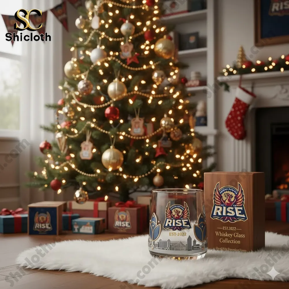 Christmas-themed living room with a decorated tree and RISE whiskey glass collection on a fur rug.