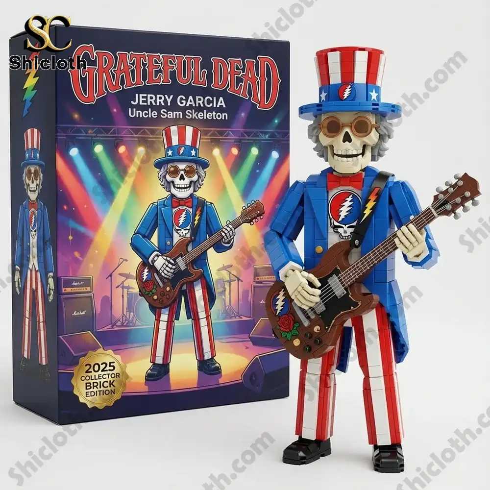 A skeleton figure dressed in patriotic attire holding a guitar in front of a colorful product box.