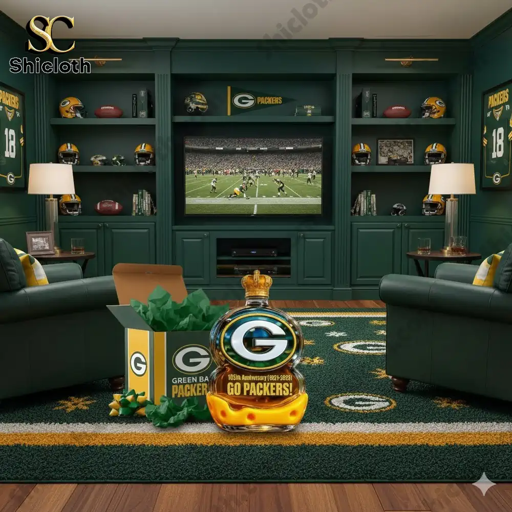 Green Bay Packers 105th Anniversary (1921-2026) Whiskey Bottle 2 Green Bay Packers decorative bottle displayed in a green themed sports lounge.