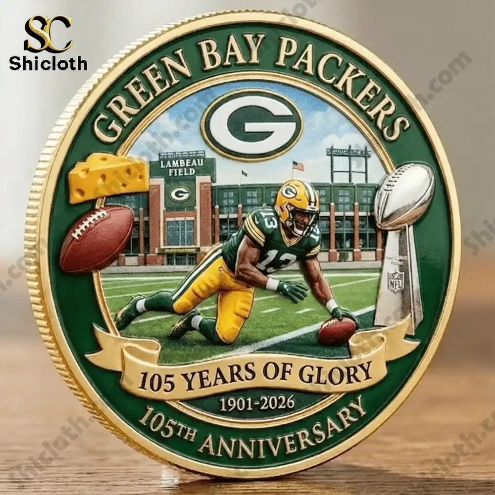 Green Bay Packers commemorative coin showing player and stadium