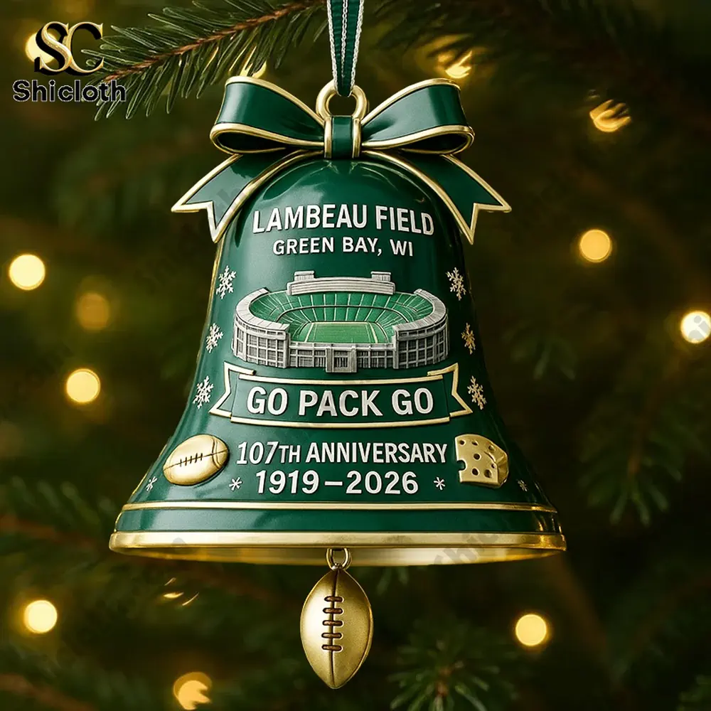 Green bell ornament featuring Lambeau Field and Green Bay Packers theme hanging on a Christmas tree!