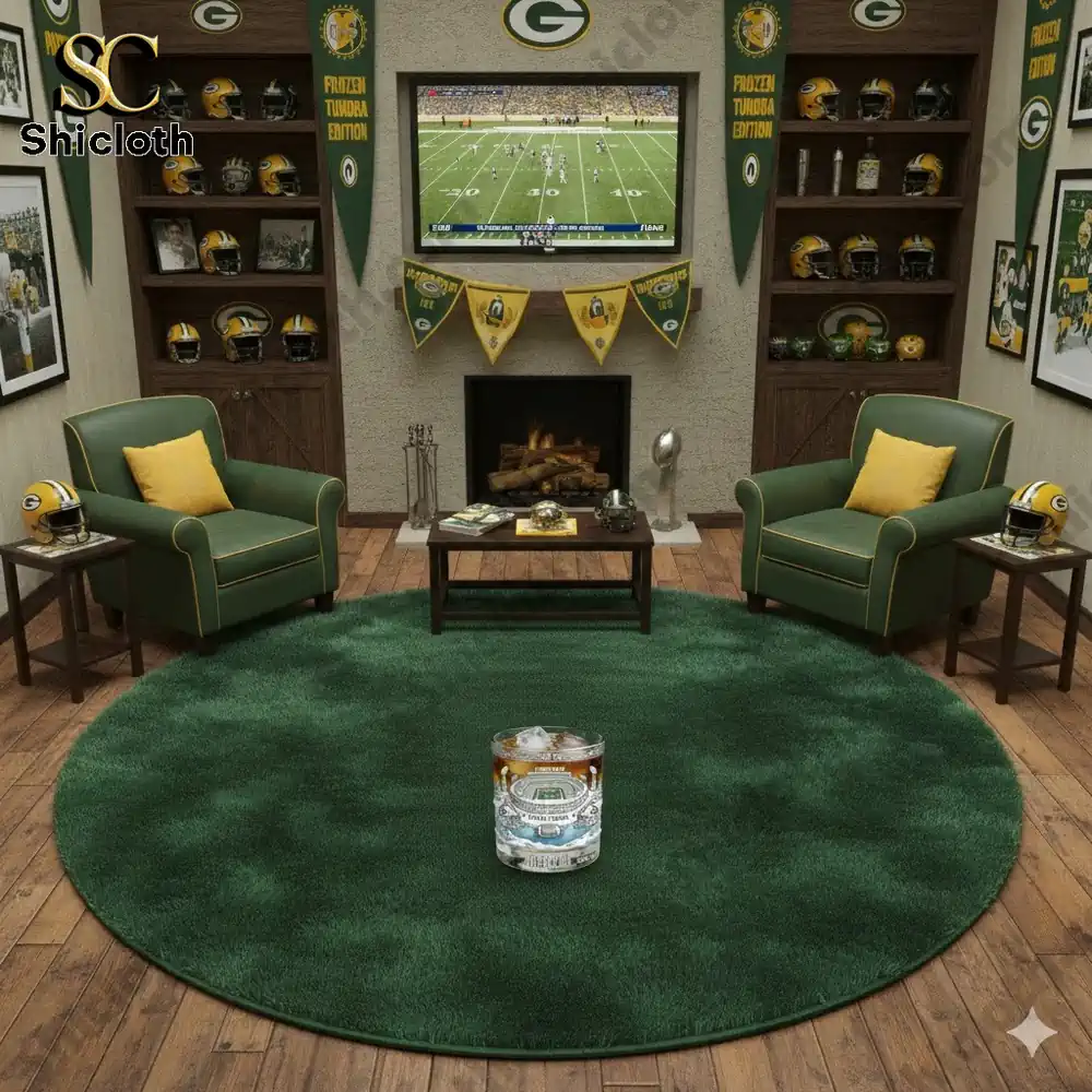 Sports themed room with team decor and a stadium glass on a round green rug!