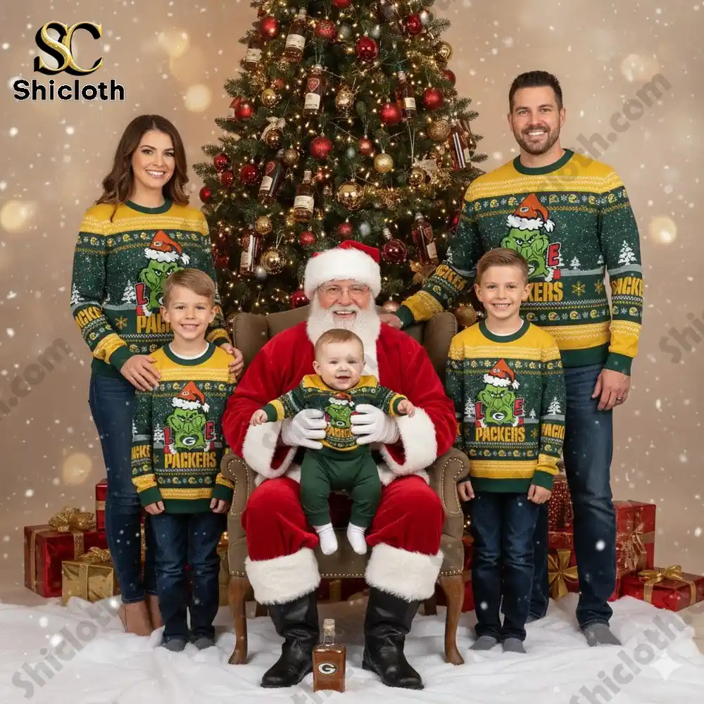 Green Bay Packers The Grinch wearing a Santa Claus hat Ugly Christmas Sweaters
