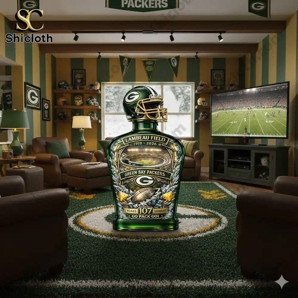 Green Bay Packers collectible bottle displayed in fan themed living room.