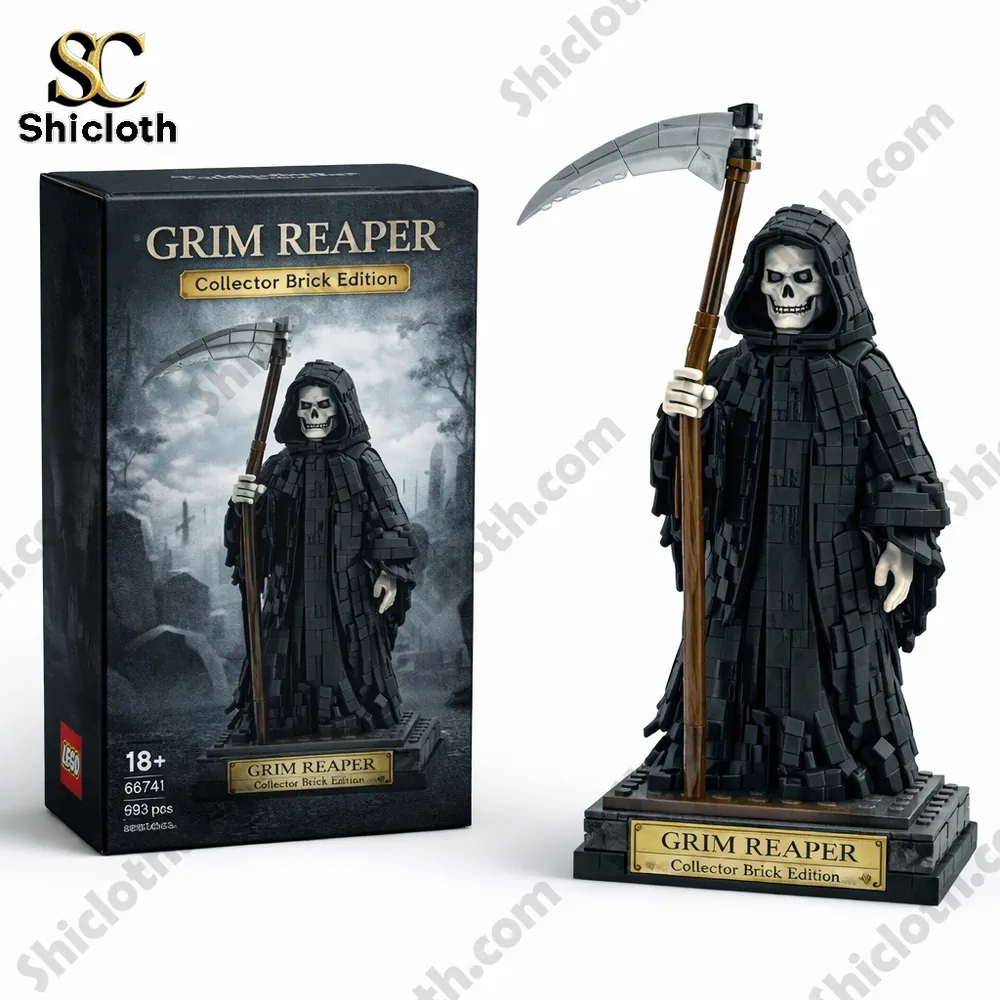 A brick model of a grim reaper figure with a scythe standing beside its product box!