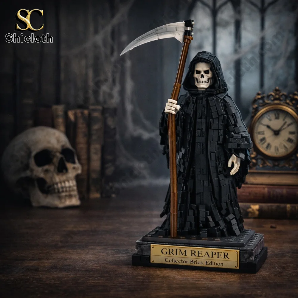 A brick grim reaper model holding a scythe displayed in a dark setting with skull and books!
