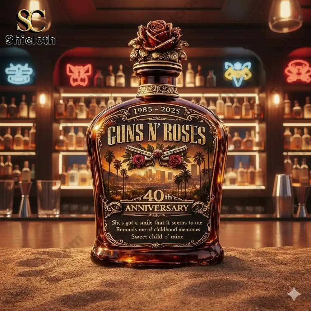 Close view of Guns N Roses anniversary bottle on bar counter!