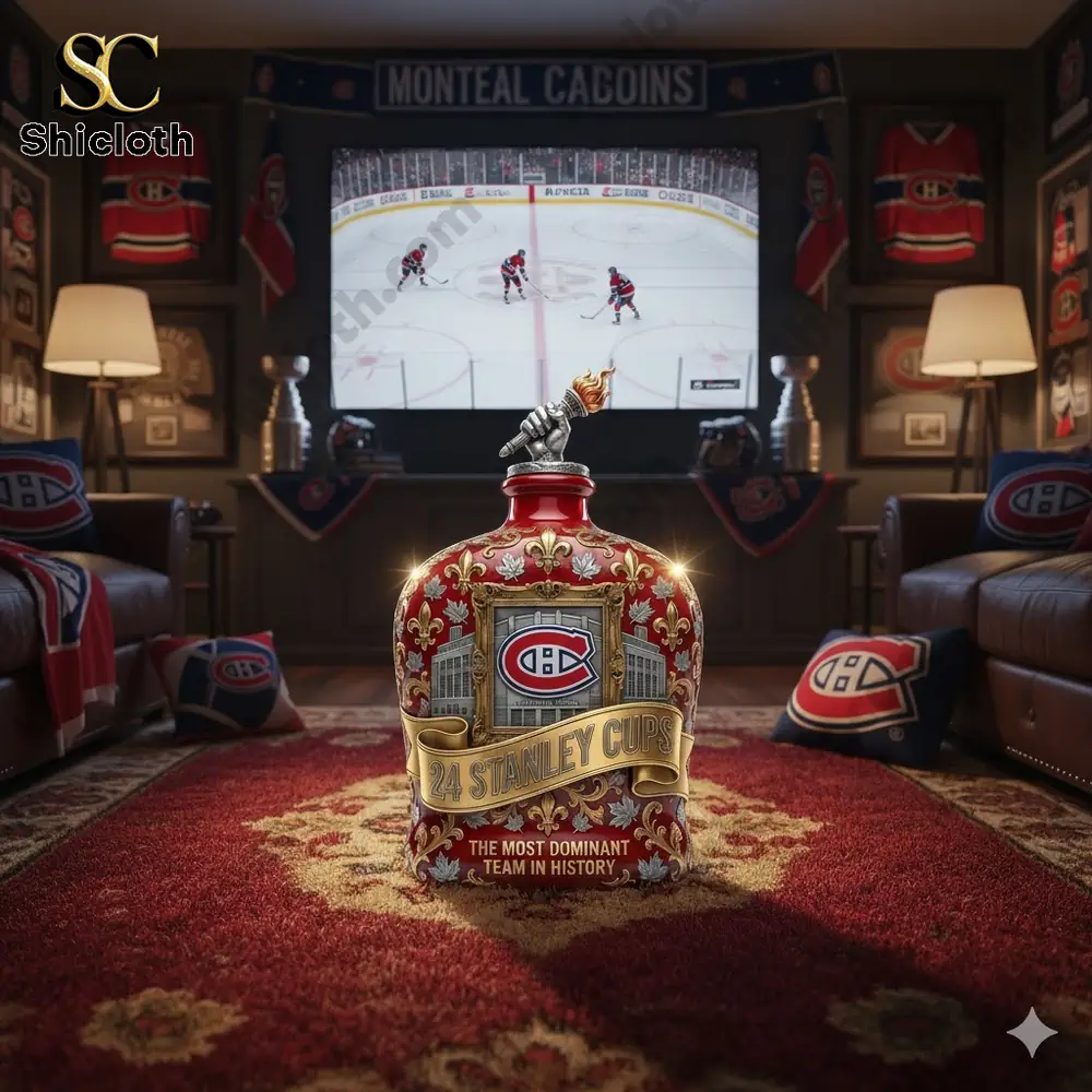 Montreal Canadiens themed decorative bottle displayed in a luxury hockey fan room!