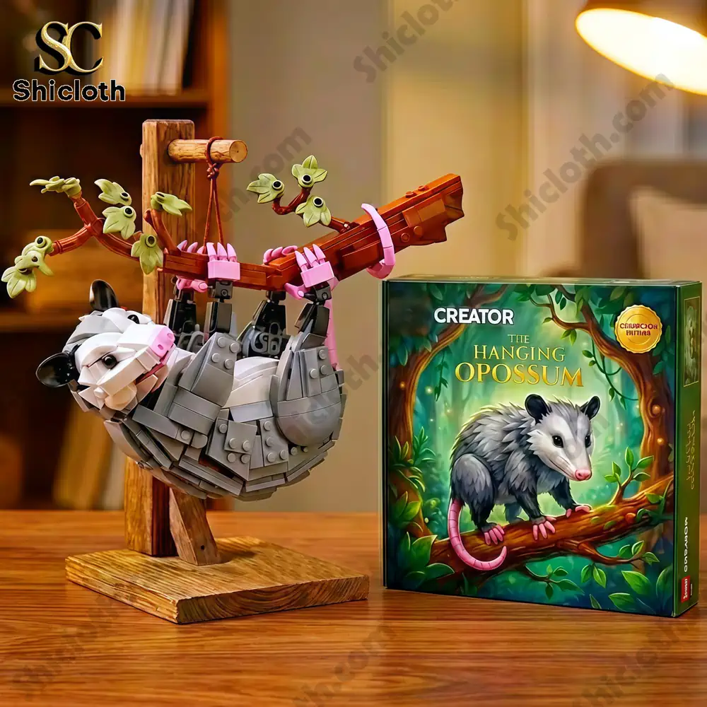 A brick built opossum hangs by its tail and feet from a branch with a product box shown nearby!