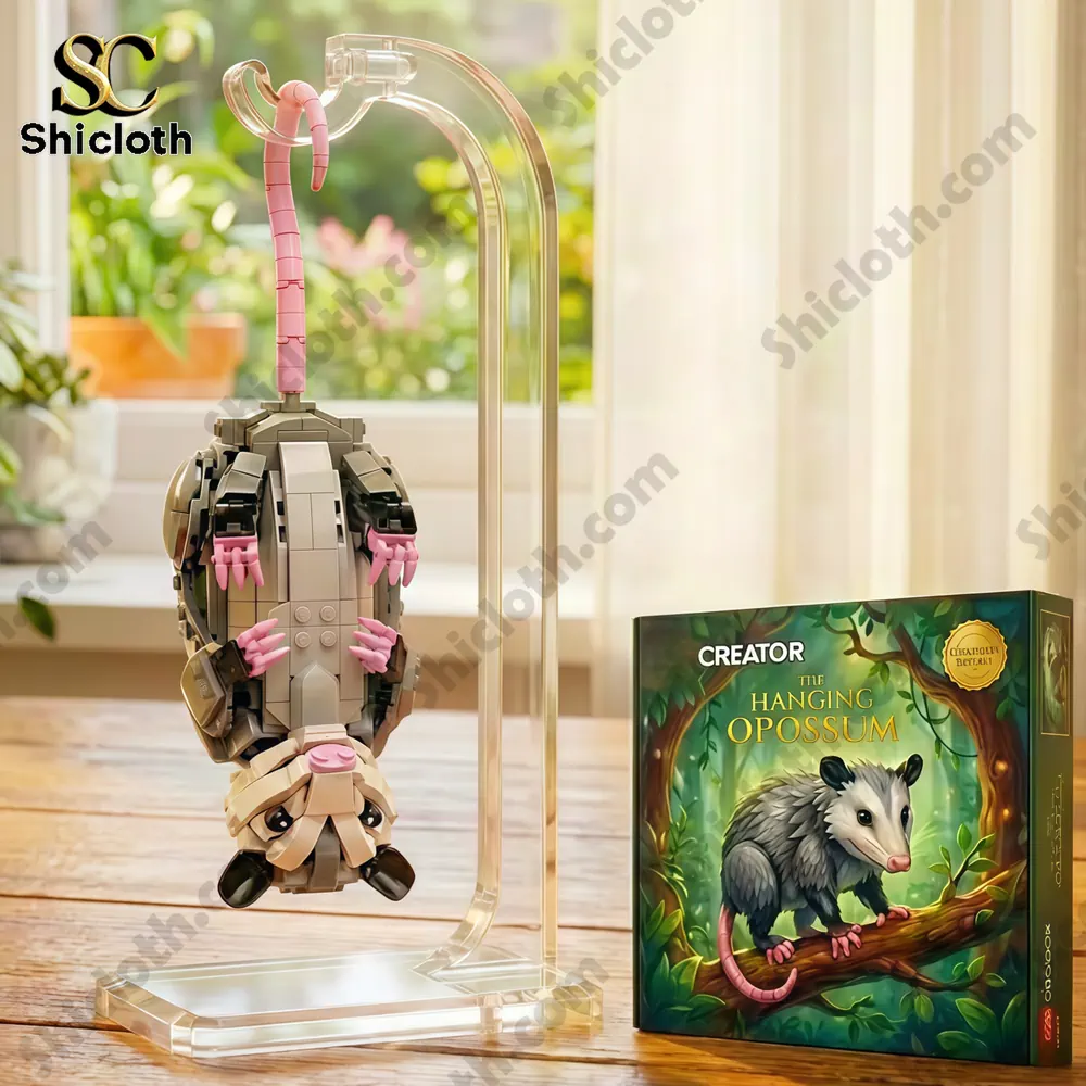 A brick built opossum hangs by its tail from a clear stand with a product box next to it!