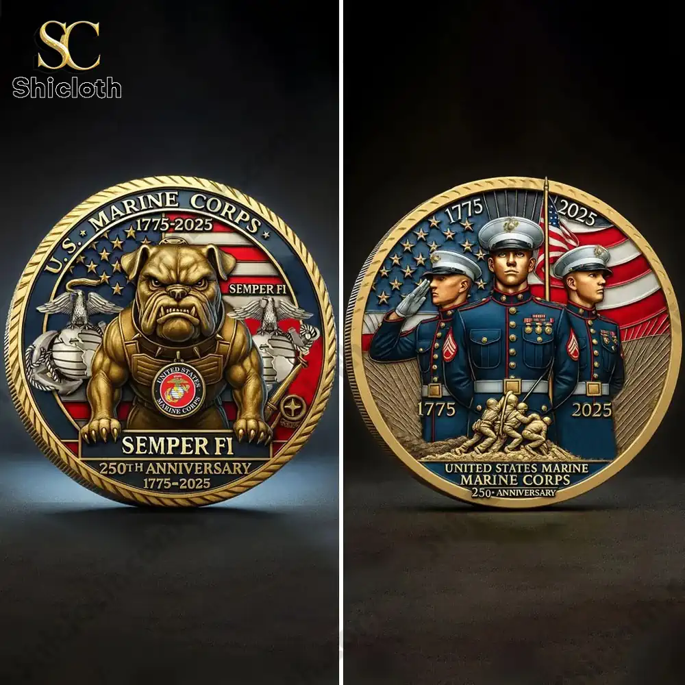 Happy 250th Birthday to the United States Marine Corps Coin 3 Two sides of a Marine Corps commemorative coin showing a bulldog and uniformed officers.