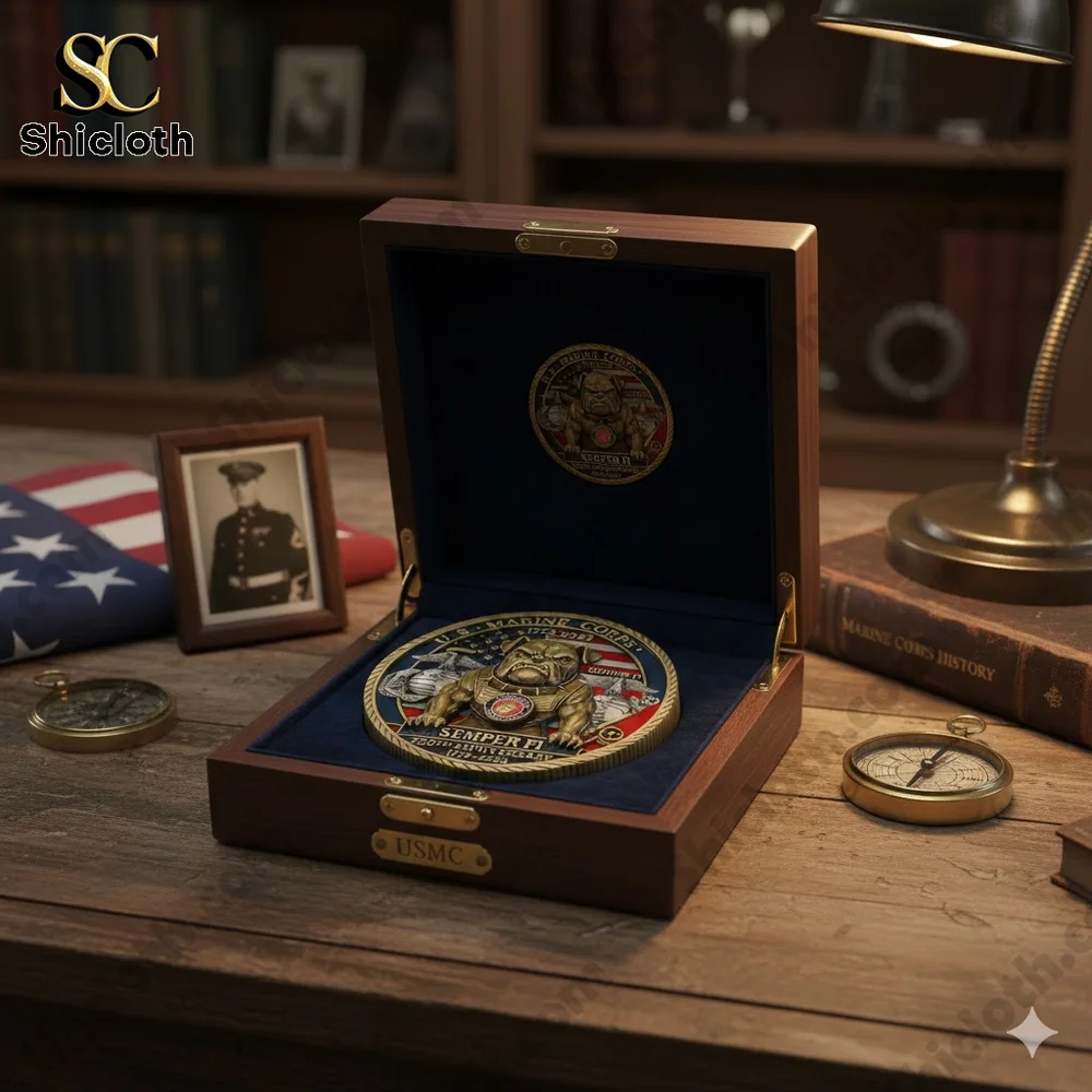 Happy 250th Birthday to the United States Marine Corps Coin 4 A wooden display box holding a Marine Corps commemorative coin on a desk with historical items.