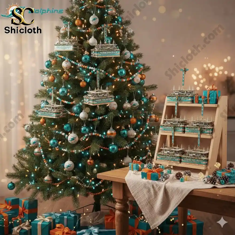 Christmas tree decorated with Miami Dolphins stadium ornaments and gift boxes.