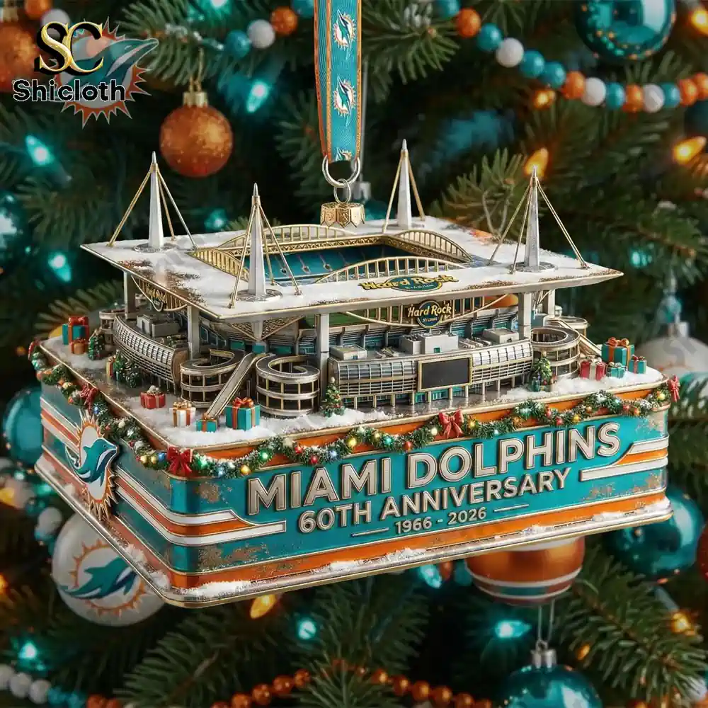 Detailed Miami Dolphins sixtieth anniversary stadium ornament hanging on a Christmas tree.