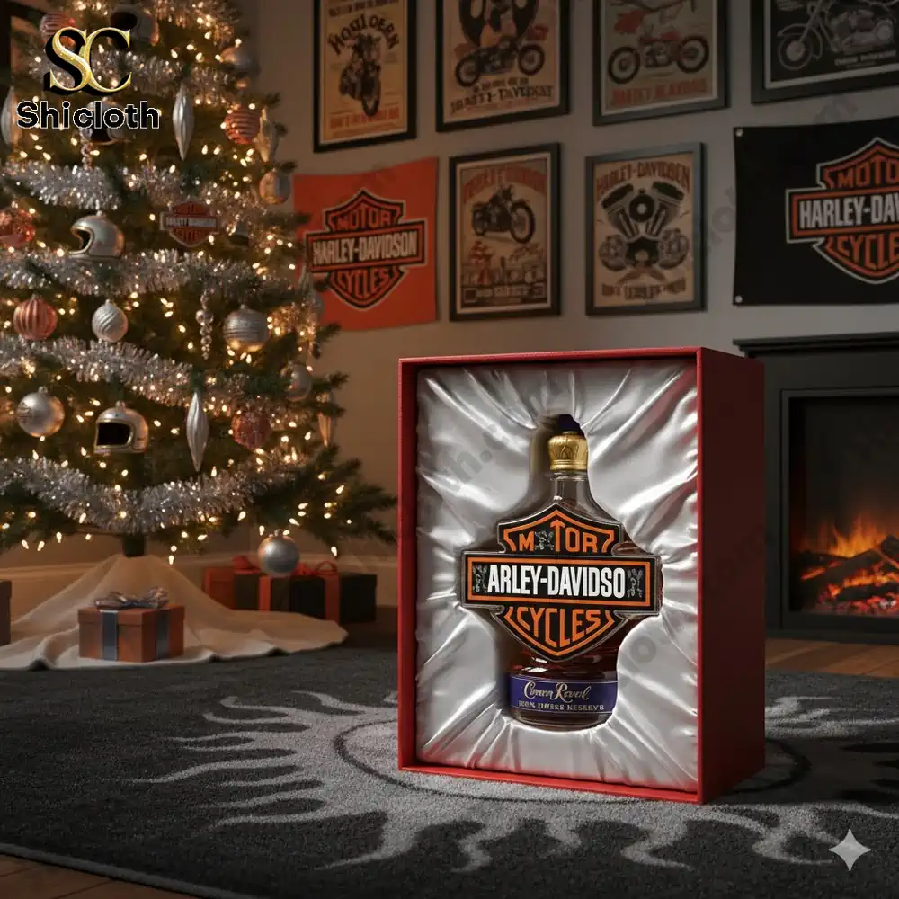 A Harley Davidson themed whiskey gift bottle displayed in a festive room with a Christmas tree and motorcycle decor on the walls!
