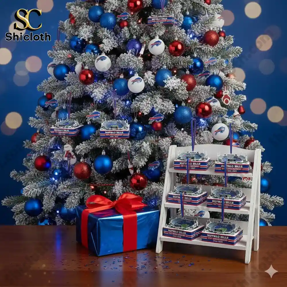 Christmas tree decorated with Buffalo Bills themed ornaments and stadium models displayed on a stand!