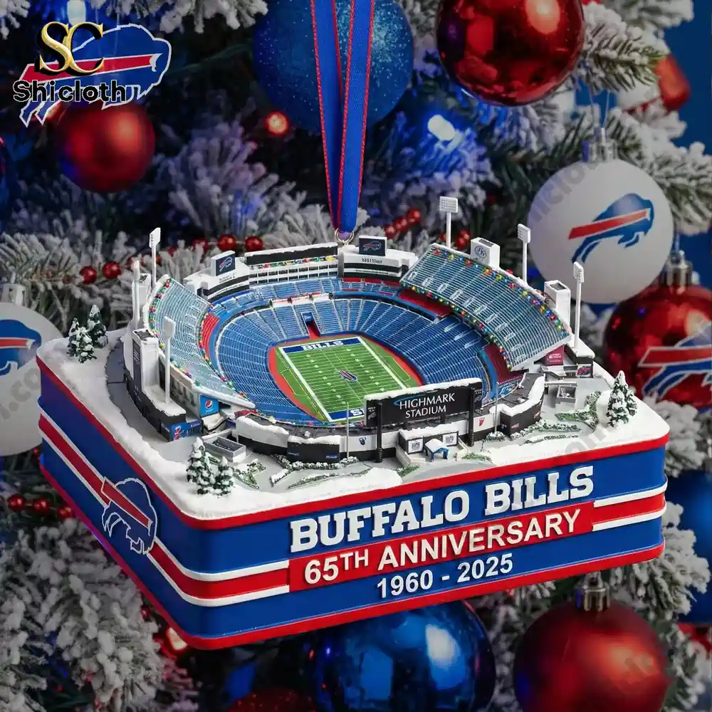 Hanging ornament shaped like Buffalo Bills stadium with anniversary text displayed on a snowy themed design!