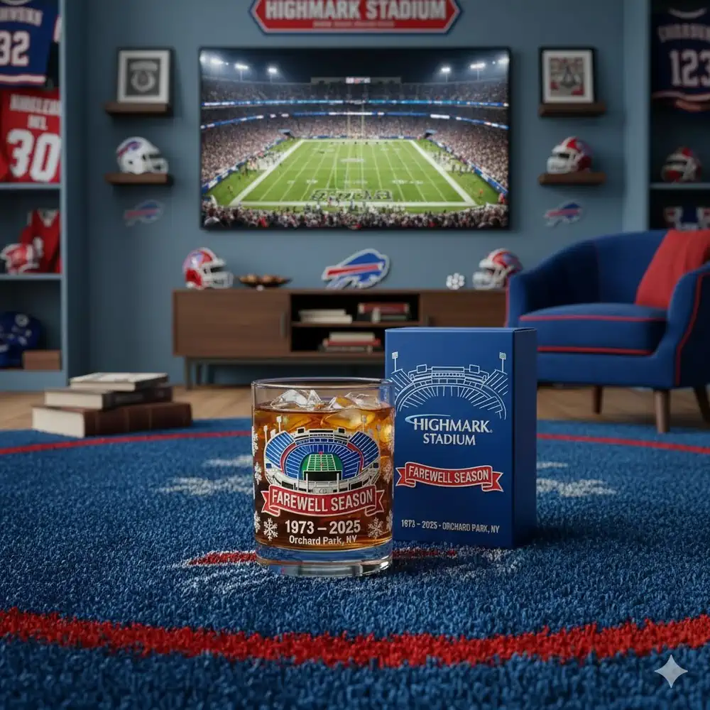 A commemorative farewell season glass displayed in a football themed living room.