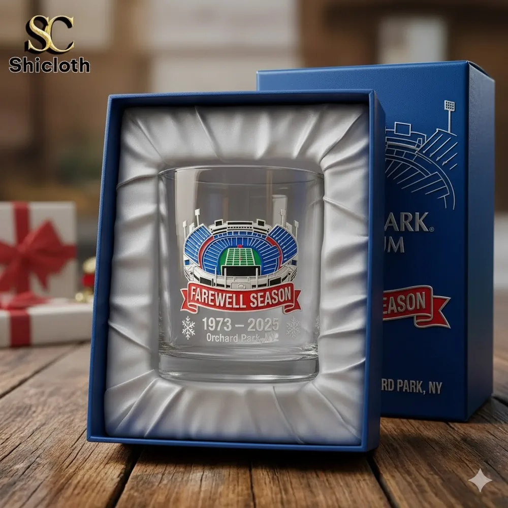 A farewell season glass displayed inside a padded gift box.