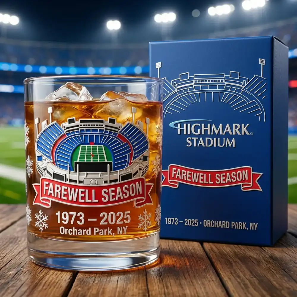 Highmark Stadium Farewell Season Collector Christmas Whiskey Glass 3 A closeup of a farewell season glass with stadium artwork and its matching box.