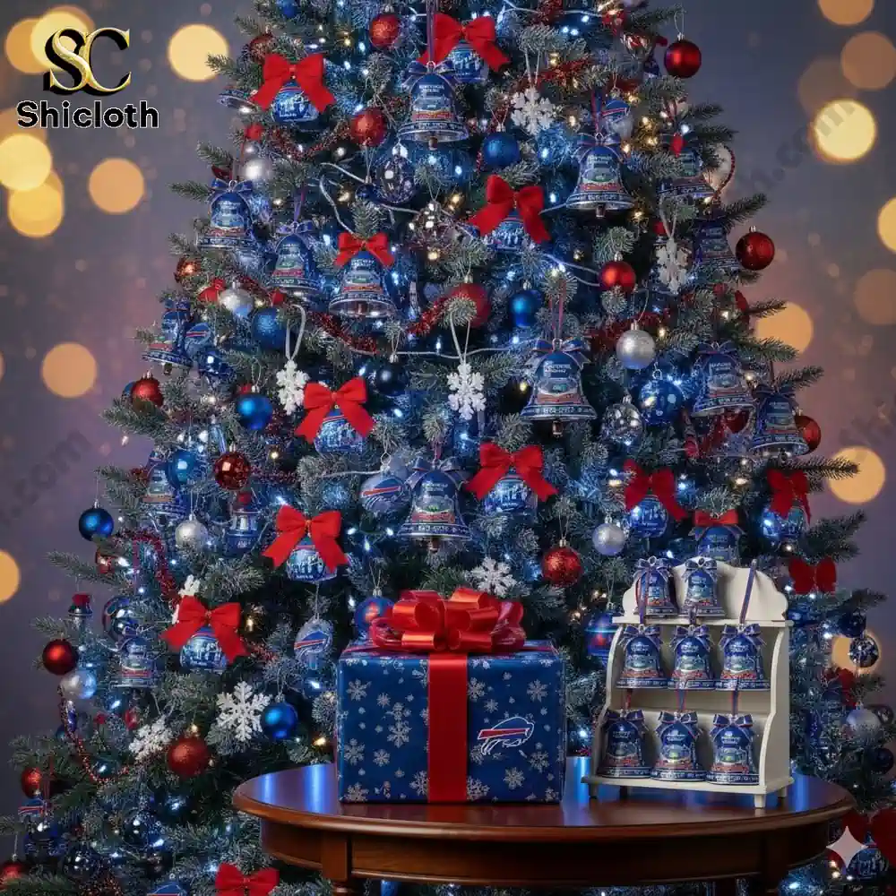 A Christmas tree decorated with blue and red stadium themed bells from Shicloth.