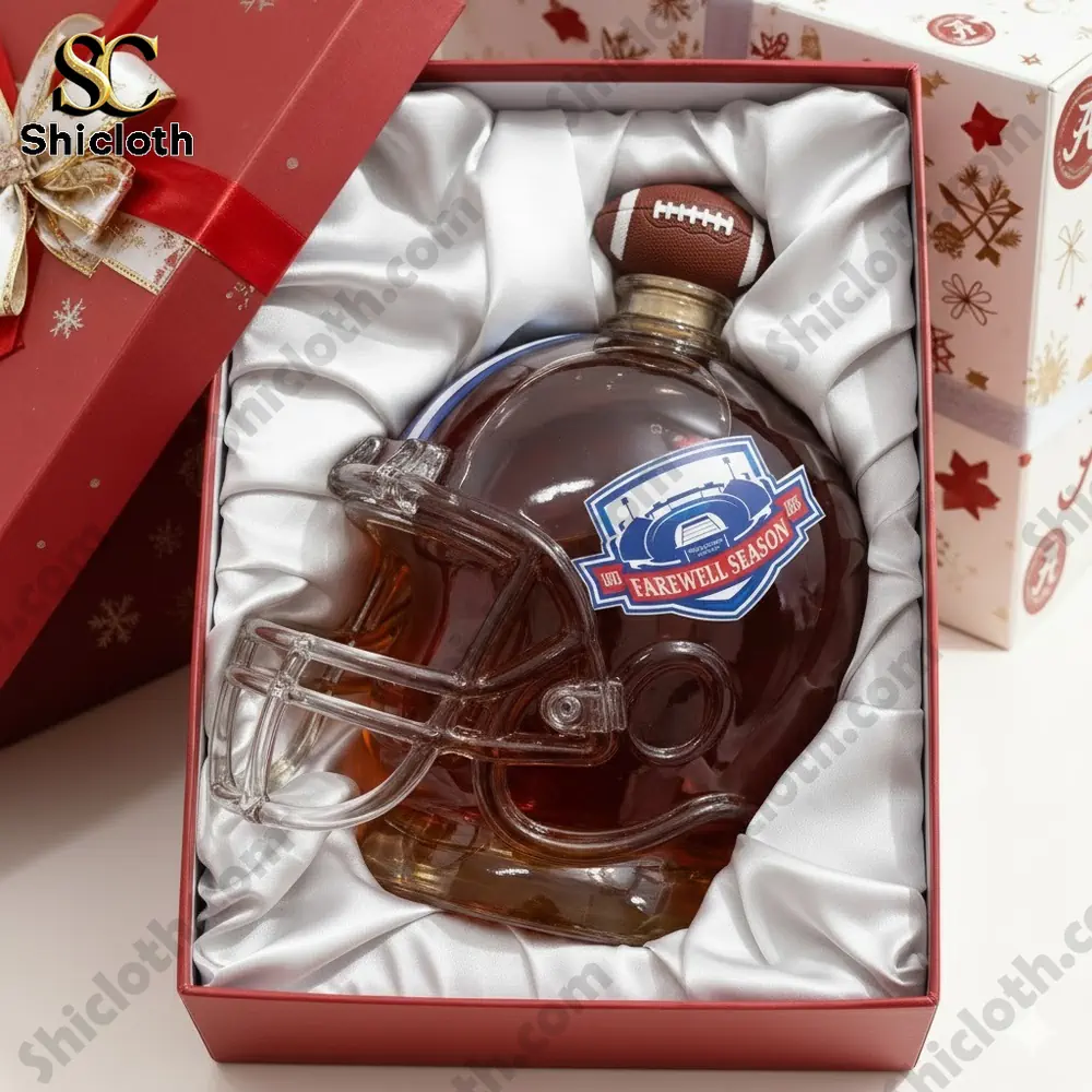 Football helmet shaped whiskey bottle in a gift box with a football cap and a "Farewell Season" logo.