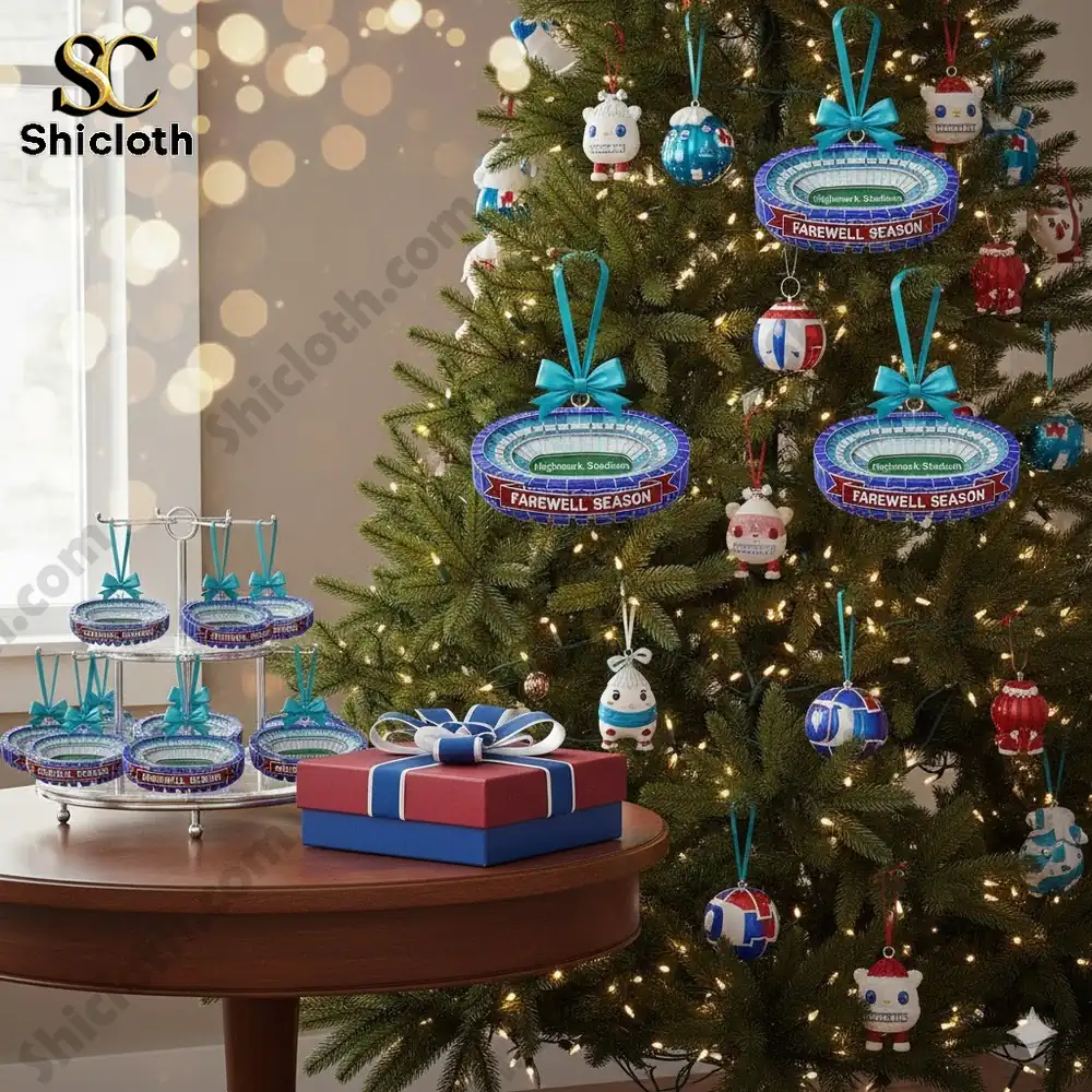 Stadium shaped ornaments hanging on a Christmas tree.