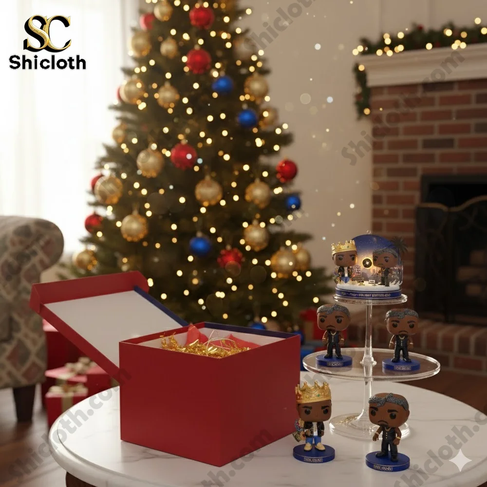A red gift box sits on a table beside hip hop themed collectible figures with a decorated Christmas tree in the background.