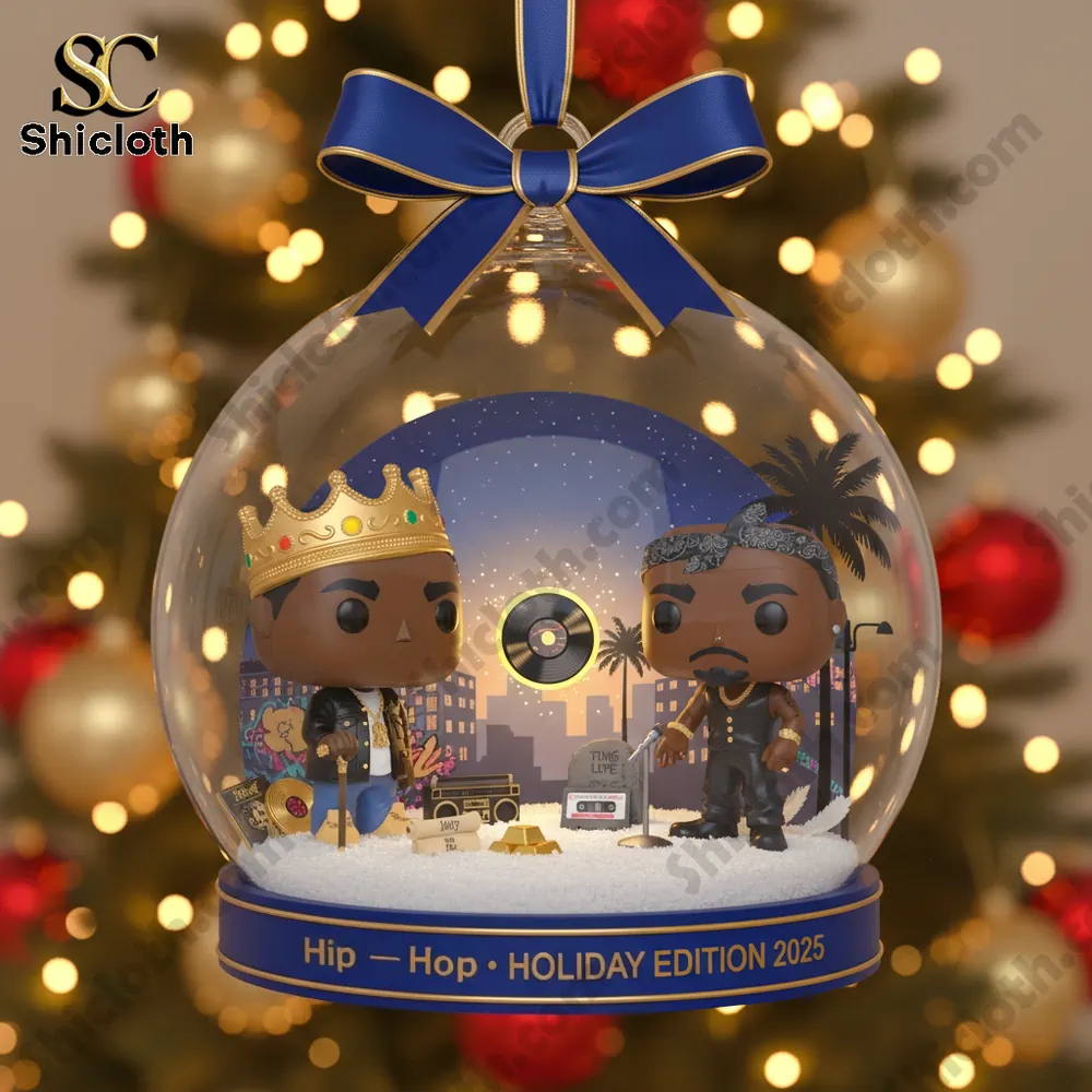 Hip-Hop Christmas Ornament 4 A close up of a hip hop themed ornament featuring two figures in a snowy mini city.