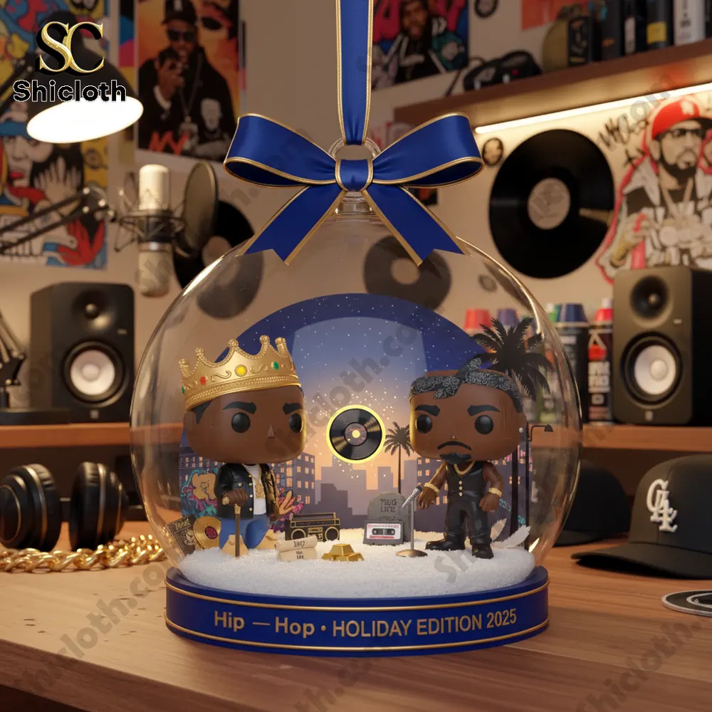 Hip-Hop Christmas Ornament 5 A hip hop themed ornament sits in a studio setting with music gear in the background.