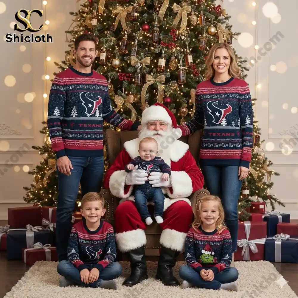 Houston Texans The Grinch wearing a Santa Claus hat Ugly Christmas Sweaters