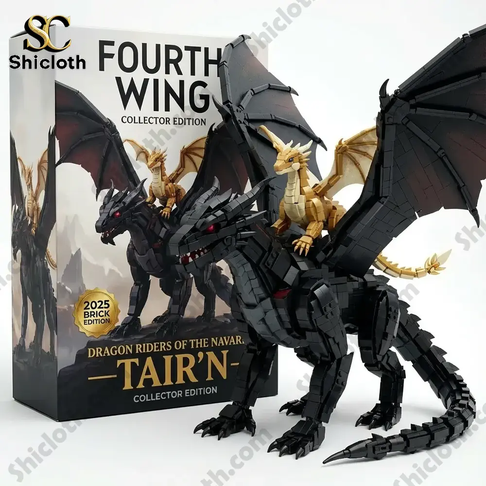 A black dragon figure with a gold rider posed in front of a collector box featuring Fourth Wing and Tairn branding!