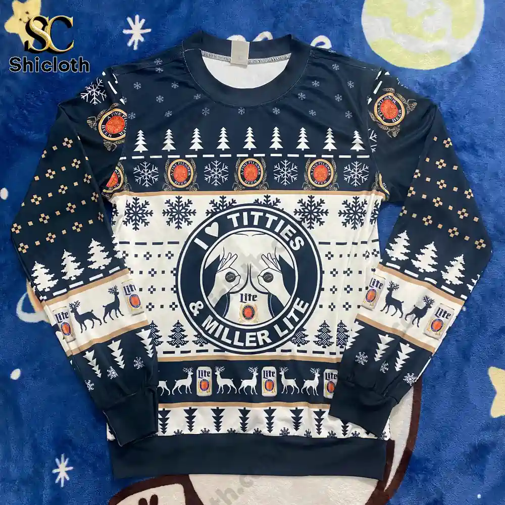 I Love Titties and Miller Lite Ugly Christmas Sweater 3 I Love Titties and Miller Lite Ugly Christmas Sweater - Image 3